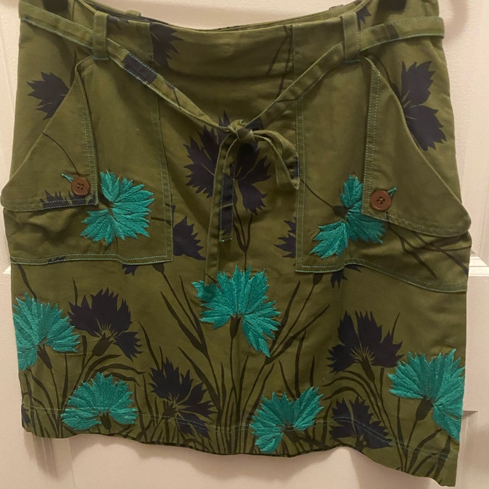 Anthropologie Green Skirt with Floral Detail